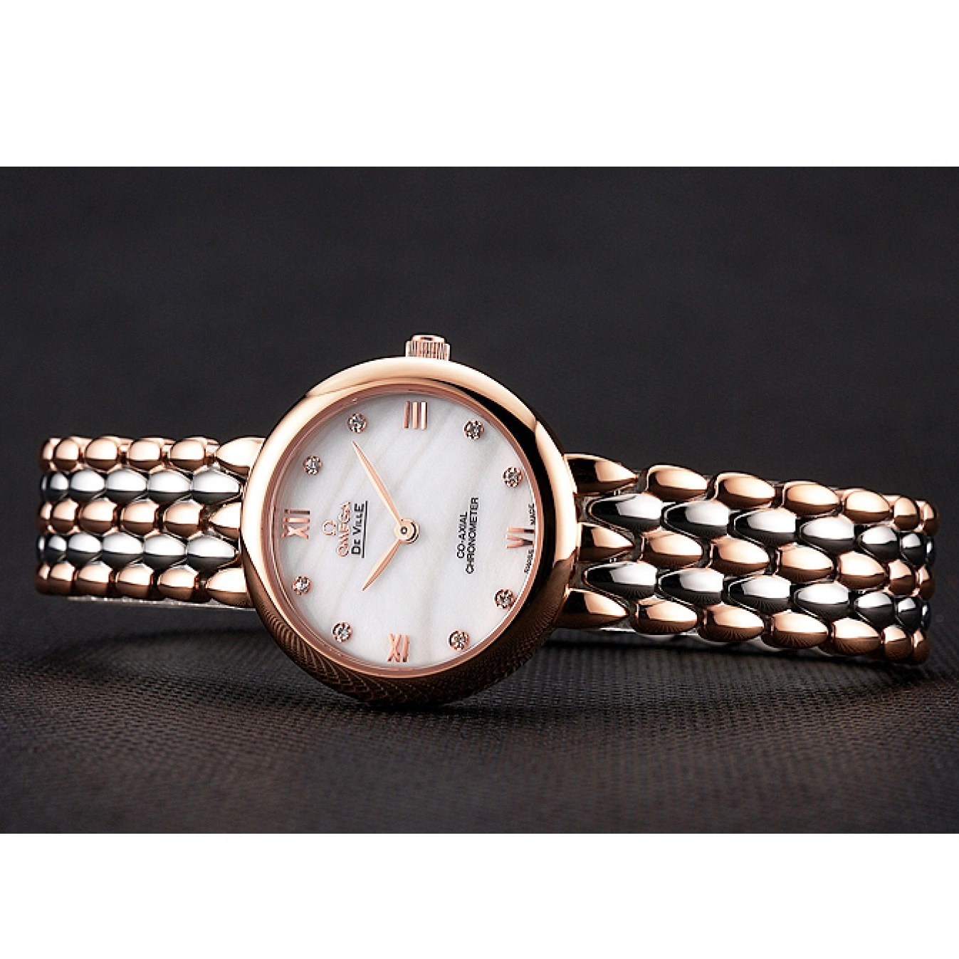 1015 Omega De Ville Prestige No Date White Dial With Diamonds Rose Gold Case Two Tone Bracelet